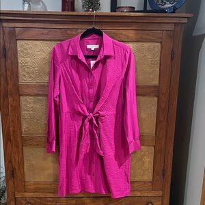 LOFT Fuchsia Button-Front Tie-Front Shirt Dress
